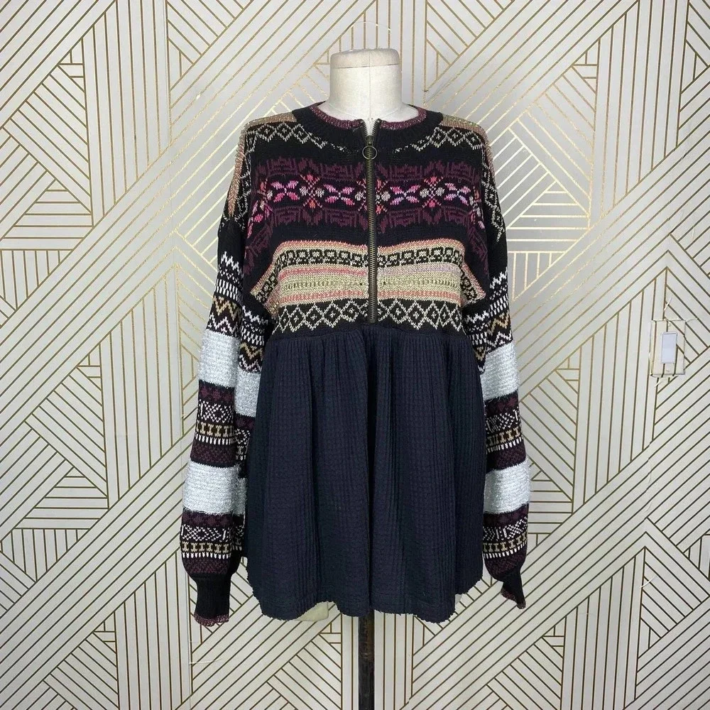 Free People Cozy Cottage Embroidered Sweater In Black Size US Small‎